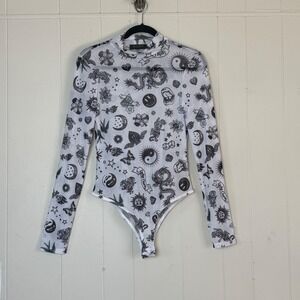 Nylon Apparel Womens Y2K Tattoo Print Sheer Mesh Bodysuit Size M Grunge Gothic